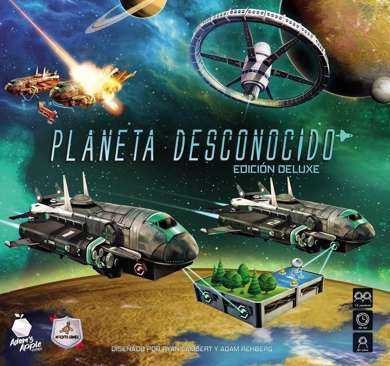 Planeta Desconocido: poliominós de dos recursos en un planeta que se coloniza simultáneamente por todos los jugadores sin entreturno