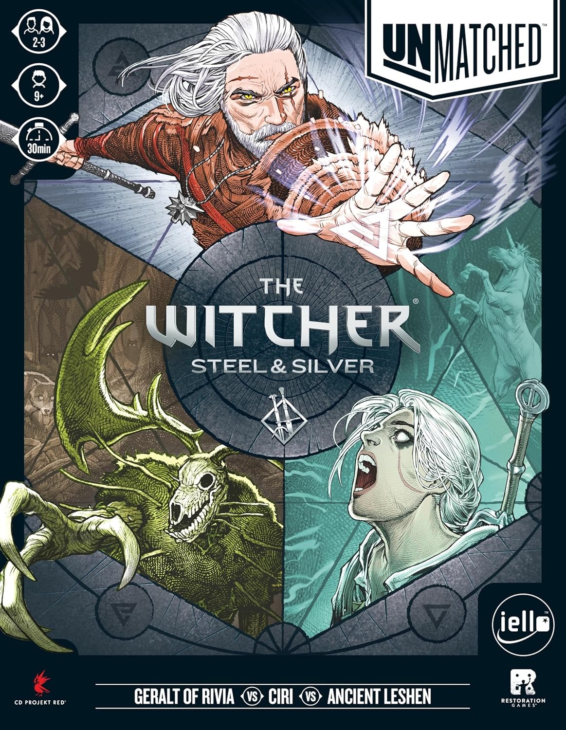 Unmatched: The Witcher — Acero y Plata — Geralt con dos espadas, dos mazos y la primera caja del sistema con selección de mazo en combate